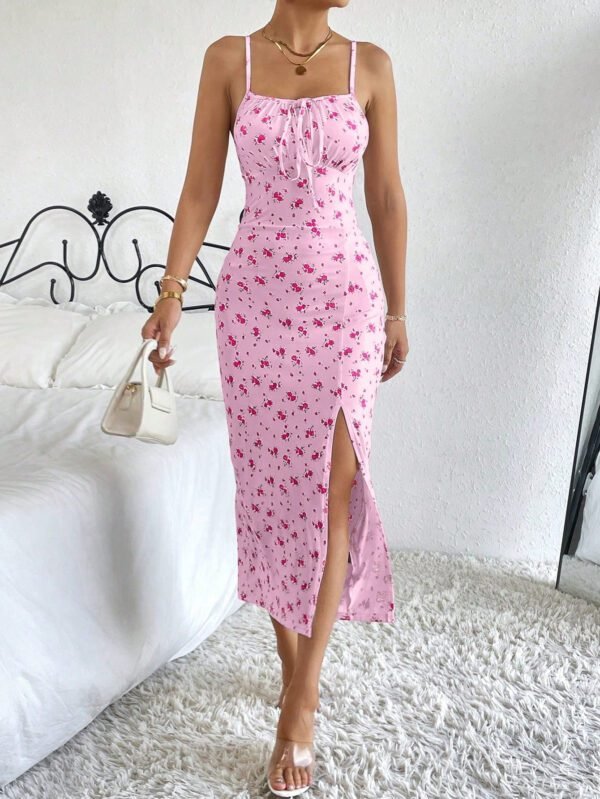 SHEIN Raffinéa Robe À Fines Brides Imprimé Floral À Nœud Fendu – Image 6