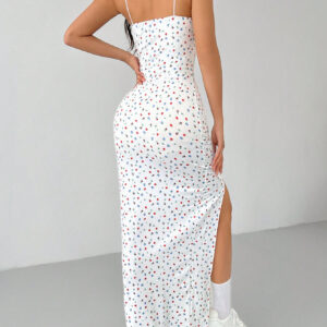 SHEIN PETITE Robe longue à bretelles fendue haute à fleurs minuscules blanches