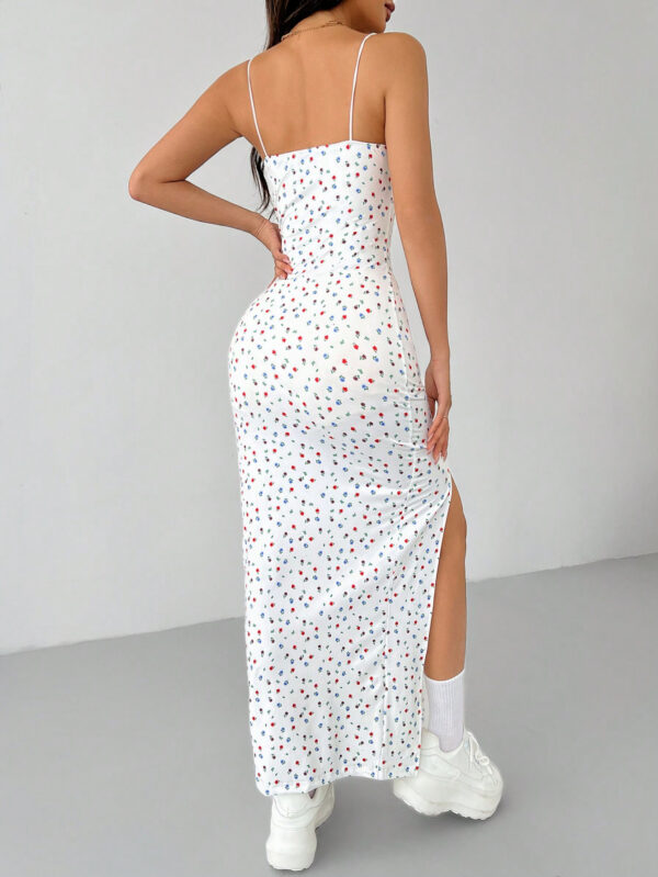 SHEIN PETITE Robe longue à bretelles fendue haute à fleurs minuscules blanches – Image 4