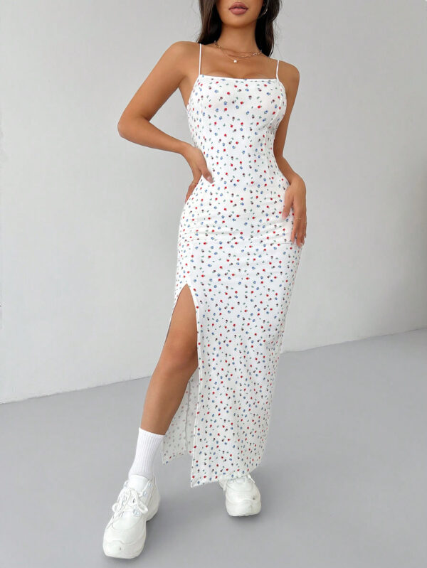 SHEIN PETITE Robe longue à bretelles fendue haute à fleurs minuscules blanches – Image 5