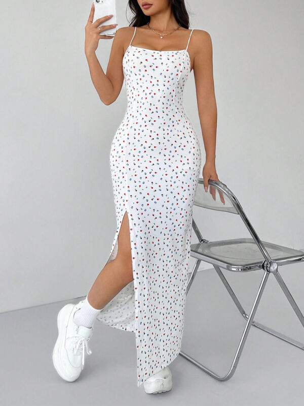 SHEIN PETITE Robe longue à bretelles fendue haute à fleurs minuscules blanches – Image 8