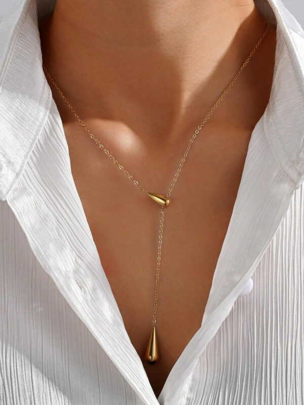 1 pièce Collier de pendentif en forme de goutte d'eau de luxe à la mode plaqué or 18 carats pour femmes, bijoux en acier inoxydable à longueur réglable, cadeau d'anniversaire – Image 6