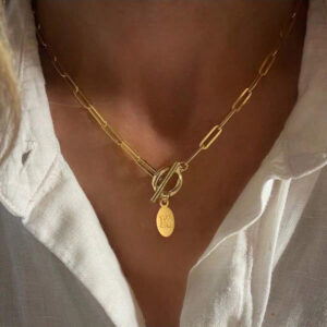 1 pièce Pendentif initial Collier en chaîne à trombone en acier inoxydable Collier Ras-du-cou pour femmes