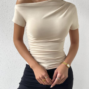 SHEIN Raffinéa T-shirt unicolore à ruché à col asymétrique