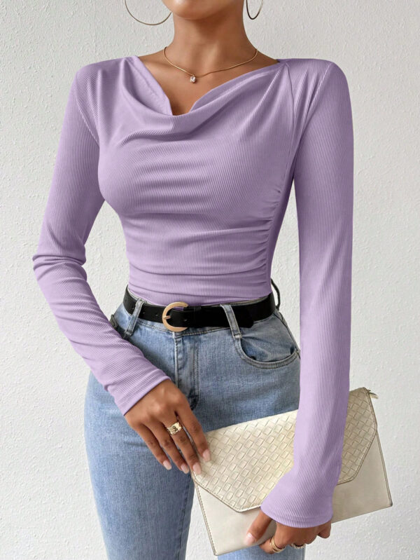 SHEIN Raffinéa T-shirt Unicolore À Manches Longues Et Col En V Pour Femmes