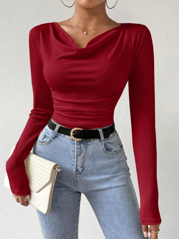 SHEIN Raffinéa T-shirt Unicolore À Manches Longues Et Col En V Pour Femmes – Image 3