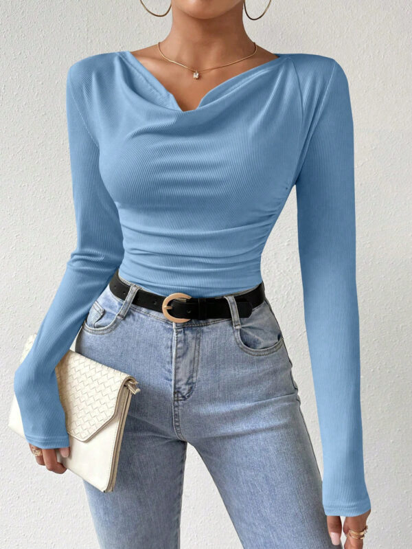 SHEIN Raffinéa T-shirt Unicolore À Manches Longues Et Col En V Pour Femmes – Image 5