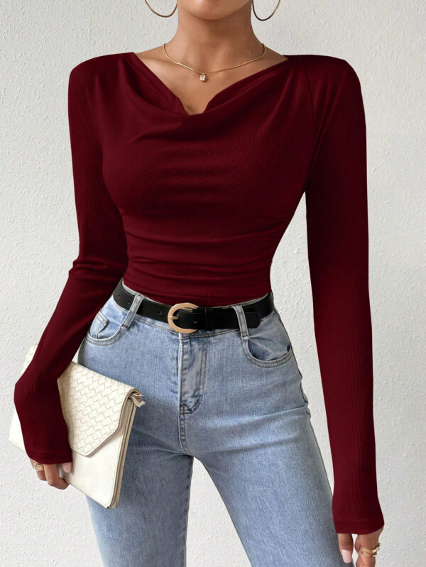 SHEIN Raffinéa T-shirt Unicolore À Manches Longues Et Col En V Pour Femmes – Image 8