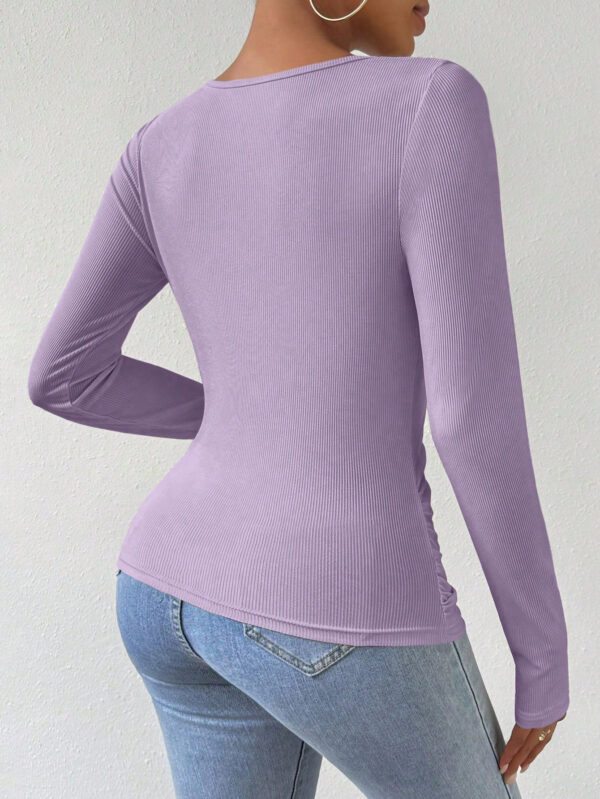 SHEIN Raffinéa T-shirt Unicolore À Manches Longues Et Col En V Pour Femmes – Image 10