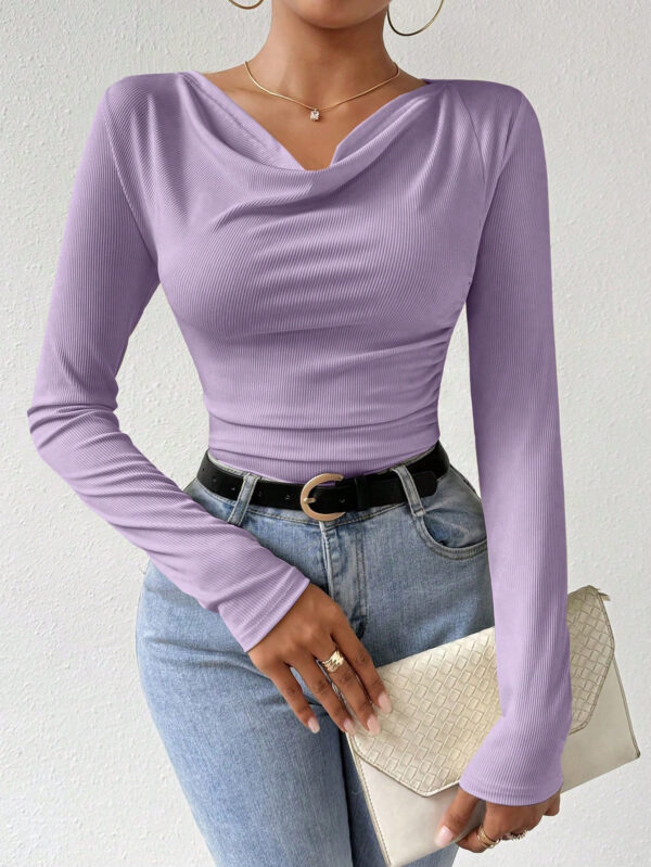 SHEIN Raffinéa T-shirt Unicolore À Manches Longues Et Col En V Pour Femmes – Image 11
