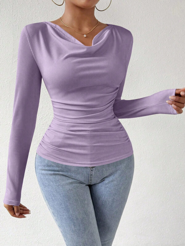 SHEIN Raffinéa T-shirt Unicolore À Manches Longues Et Col En V Pour Femmes – Image 12