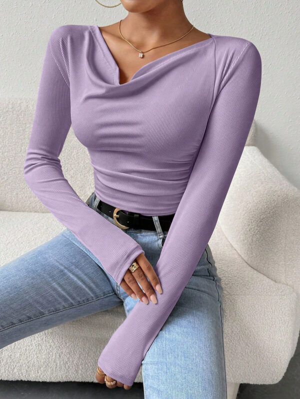 SHEIN Raffinéa T-shirt Unicolore À Manches Longues Et Col En V Pour Femmes – Image 13