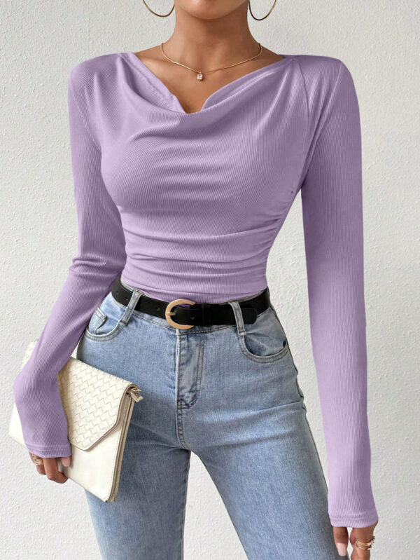 SHEIN Raffinéa T-shirt Unicolore À Manches Longues Et Col En V Pour Femmes – Image 14