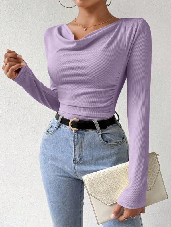SHEIN Raffinéa T-shirt Unicolore À Manches Longues Et Col En V Pour Femmes – Image 15