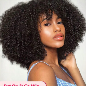 Perruque frisée afro avec frange faite à la machine, densité de 180 %, couleur noire naturelle, perruque courtes de cheveux humains bouclées de qualité supérieure sans colle, perruque volumineuse et plus moelleuse pour une utilisation quotidienne (noire)