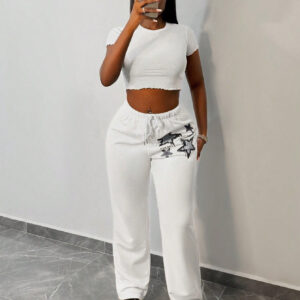 SHEIN Slayr Pantalon droit à cordon de serrage style décontracté de base de nouvelle tendance 2024, pantalon de jogging blanc avec imprimé étoile pour femmes