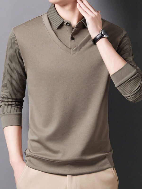 1 pièce Chemise polo à manches longues coupe slim rayée pour hommes, kaki, convient pour le voyage d'affaires léger en automne et en hiver – Image 8