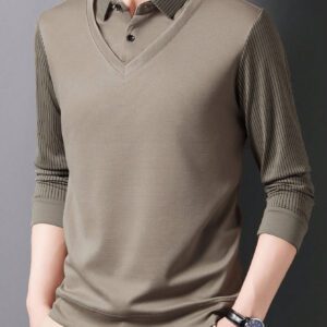 1 pièce Chemise polo à manches longues coupe slim rayée pour hommes, kaki, convient pour le voyage d'affaires léger en automne et en hiver