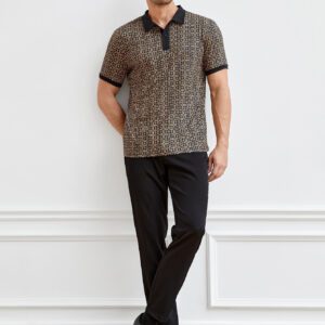 Manfinity ModaGents Polo-chemise pour homme à imprimé intégral et bordure contrastée, polo vintage de couleur khaki à blocs de couleur pour le travail, pour mari