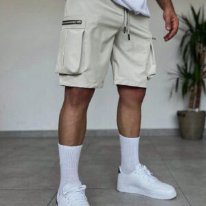 Manfinity EMRG Shorts d'été pour homme à taille élastique à cordon avec conception zippée, couleur unie crème avec style street wear