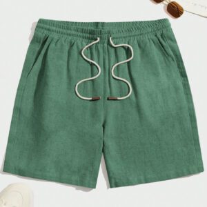 Manfinity Modomio Shorts décontractés à taille à cordon pour homme, en lin, de couleur unie kaki frais, style tropical Boho