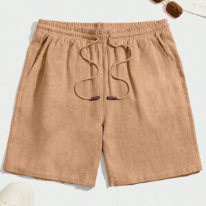 Manfinity Modomio Shorts décontractés à taille à cordon pour homme, en lin, de couleur unie kaki frais, style tropical Boho