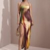 SHEIN BAE Robe maxi simple et sexy pour femmes, bretelles spaghetti, été, imprimé multicolore ombré, dégradé de cravate – Image 3