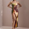 SHEIN BAE Robe maxi simple et sexy pour femmes, bretelles spaghetti, été, imprimé multicolore ombré, dégradé de cravate – Image 4