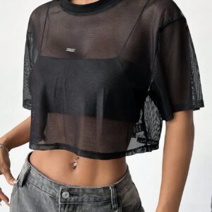 SHEIN EZwear Top en maille noir à manches courtes pour femmes