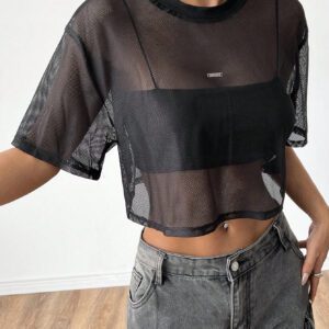 SHEIN EZwear Top en maille noir à manches courtes pour femmes