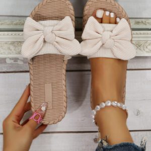 Chaussons à nœud papillon beige pour femmes, sandales à bout ouvert à la mode et antidérapantes pour porter en extérieur et à la plage