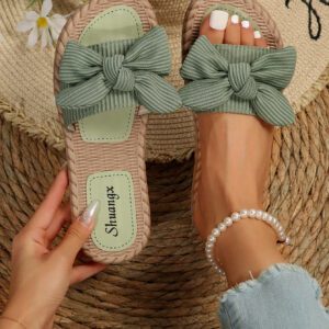 Chaussons à nœud papillon beige pour femmes, sandales à bout ouvert à la mode et antidérapantes pour porter en extérieur et à la plage