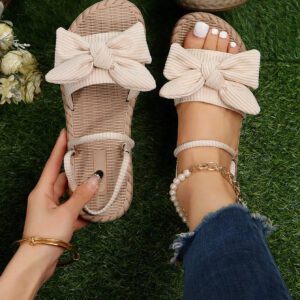 Chaussons à nœud papillon beige pour femmes, sandales à bout ouvert à la mode et antidérapantes pour porter en extérieur et à la plage