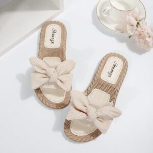 Chaussons à nœud papillon beige pour femmes, sandales à bout ouvert à la mode et antidérapantes pour porter en extérieur et à la plage