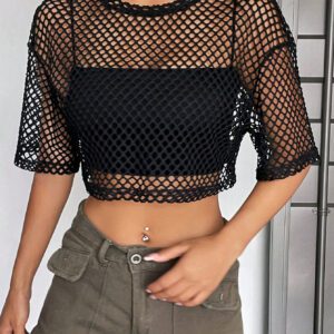 SHEIN EZwear Haut Noir Découpé Avec Des Épaules Tombantes Et Des Mailles Transparentes Sans Cami