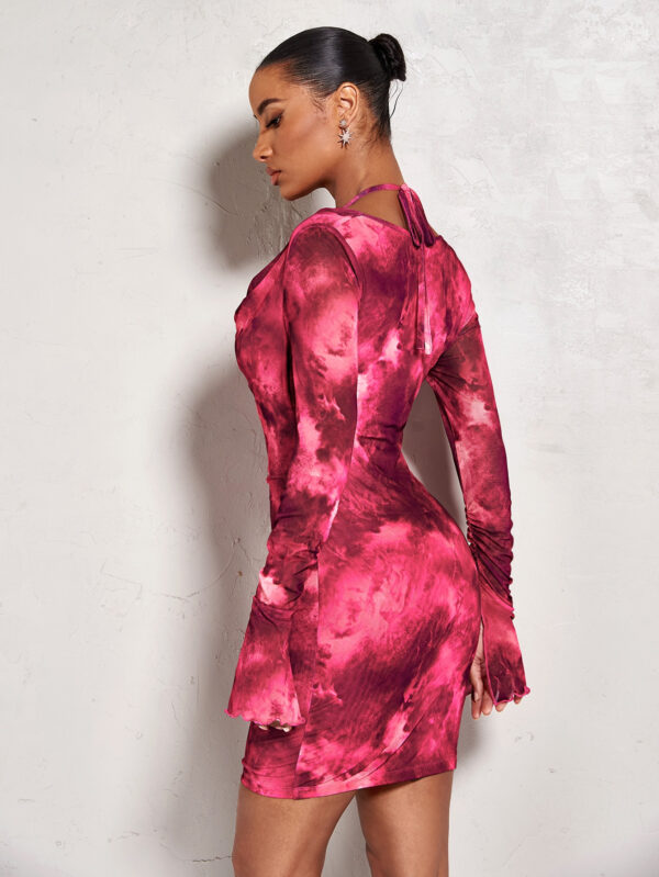 SHEIN BAE Robe moulante tie dye à col drapé manches évasées à ruché – Image 4
