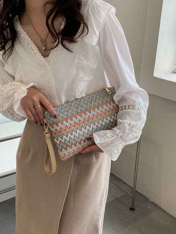 Sac En Paille Avec Motif À Chevrons Tissé Et Dragonne Pour Les Festivals / Vacances