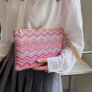 Sac En Paille Avec Motif À Chevrons Tissé Et Dragonne Pour Les Festivals / Vacances