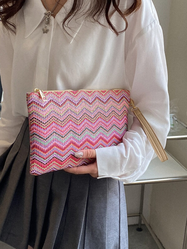 Sac En Paille Avec Motif À Chevrons Tissé Et Dragonne Pour Les Festivals / Vacances – Image 2