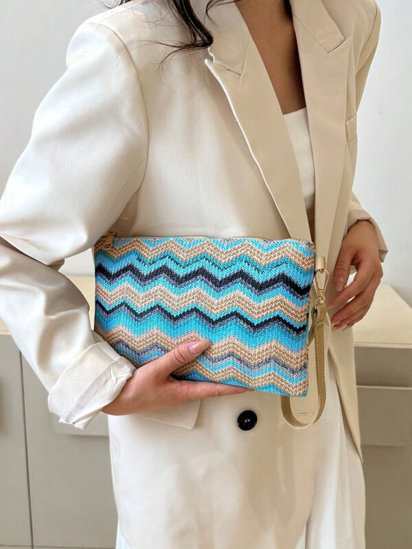 Sac En Paille Avec Motif À Chevrons Tissé Et Dragonne Pour Les Festivals / Vacances – Image 3