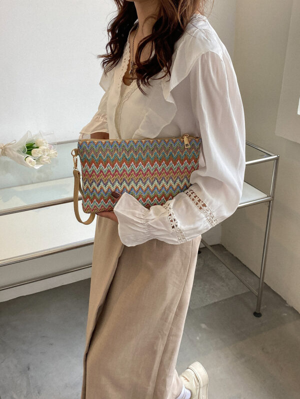 Sac En Paille Avec Motif À Chevrons Tissé Et Dragonne Pour Les Festivals / Vacances – Image 5