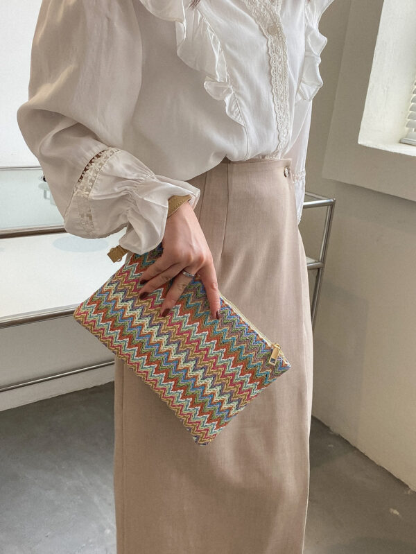 Sac En Paille Avec Motif À Chevrons Tissé Et Dragonne Pour Les Festivals / Vacances – Image 7