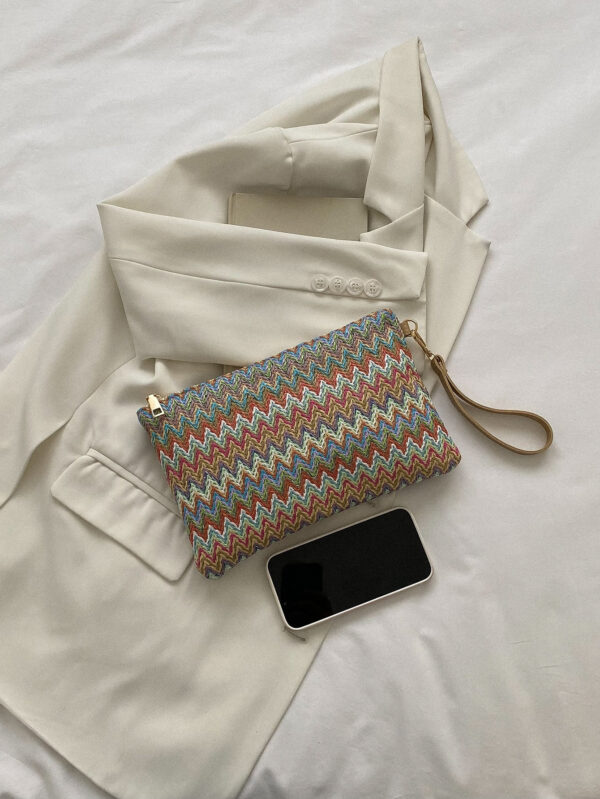 Sac En Paille Avec Motif À Chevrons Tissé Et Dragonne Pour Les Festivals / Vacances – Image 8