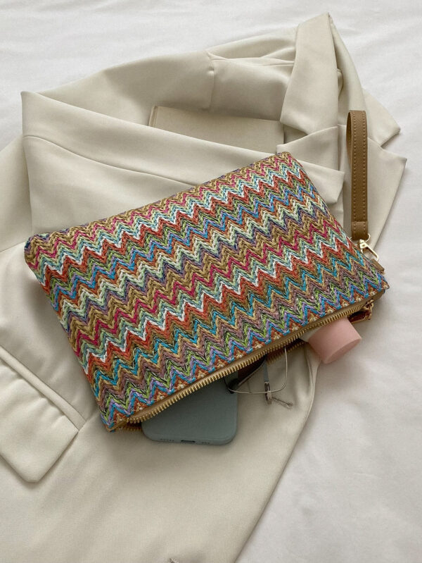 Sac En Paille Avec Motif À Chevrons Tissé Et Dragonne Pour Les Festivals / Vacances – Image 11