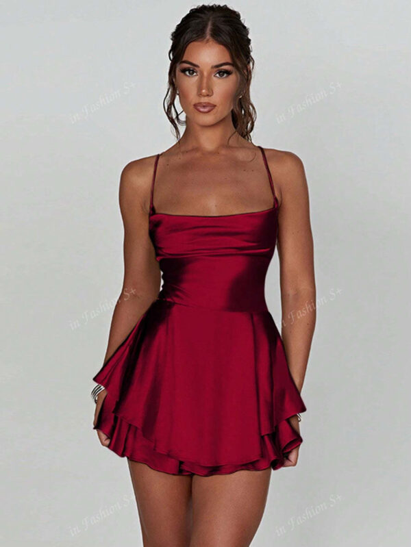 1 pièce Robe plissée avec design à cordon de serrage sans dos, robe mini en satin sexy pour soirée, bar, maison