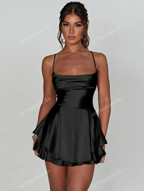 1 pièce Robe plissée avec design à cordon de serrage sans dos, robe mini en satin sexy pour soirée, bar, maison – Image 2