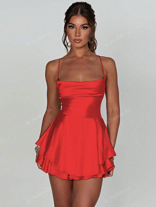 1 pièce Robe plissée avec design à cordon de serrage sans dos, robe mini en satin sexy pour soirée, bar, maison – Image 4