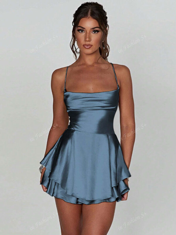 1 pièce Robe plissée avec design à cordon de serrage sans dos, robe mini en satin sexy pour soirée, bar, maison – Image 5