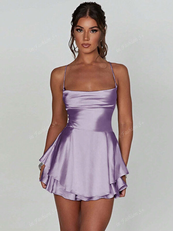 1 pièce Robe plissée avec design à cordon de serrage sans dos, robe mini en satin sexy pour soirée, bar, maison – Image 8