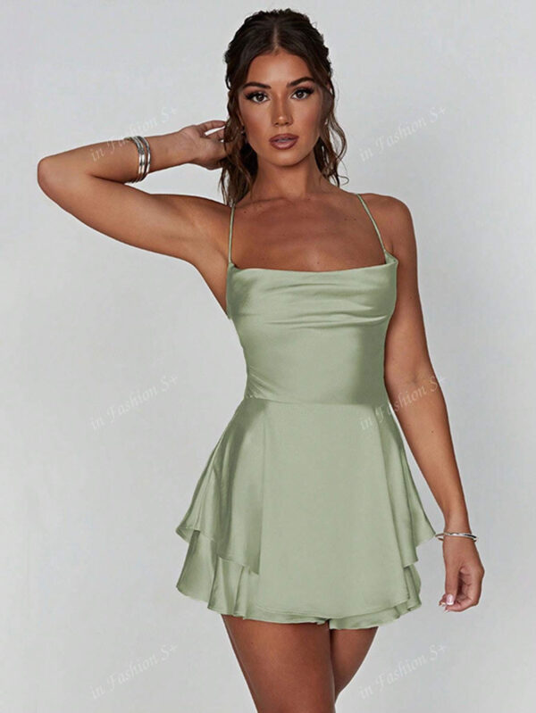 1 pièce Robe plissée avec design à cordon de serrage sans dos, robe mini en satin sexy pour soirée, bar, maison – Image 9